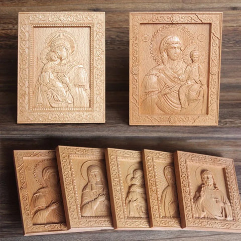 Religious statue of Jesus Christ and the Virgin Mary Catholic icon wooden photo frame home blessing relief crafts ornaments