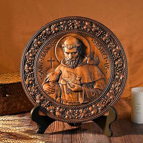 Saint Francis - religious figure icon decorative ornaments, wooden crafts, natural solid wood, home wood carving gifts