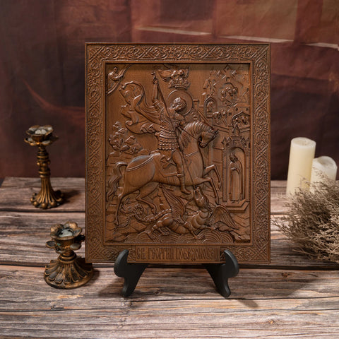 Saint George and the Dragon Wood Carved Religious Image Wall Decor, Mural Ornament, Protective Saints, Christian Soldier Gift