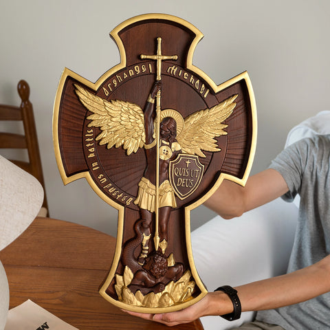 Saint Michael Archangel Cross Statue Patron Saint, Religious Figure, Home Wall Decor, Wooden Christian Gift