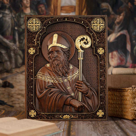 Saint Patrick Square Plaque Religious Icon Wooden Carved Wall Decor Catholic Saint Irish Bishop Saint Christian Gift