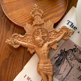 St. Benedict Exorcism Cross Wood Carving, Catholic Icon Statue, Wooden Cross Baptismal Decorative Craftsmanship, Religious Gift