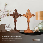 St. Benedict's Cross, Catholic Medal Exorcism Cross, Wood Carved Cross, Standing, Home Desktop Decoration, with Base