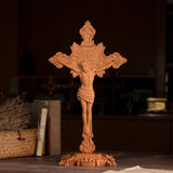 St. Benedict's Cross, Catholic Medal Exorcism Cross, Wood Carved Cross, Standing, Home Desktop Decoration, with Base