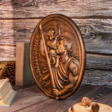 St. Christopher Wood Carving Plaque Traveler's Patron Saint Statue Wood Sculpture Christian Holy Sign Home Wall Decor