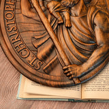 St. Christopher Wood Carving Plaque Traveler's Patron Saint Statue Wood Sculpture Christian Holy Sign Home Wall Decor