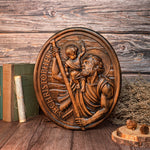 St. Christopher Wood Carving Plaque Traveler's Patron Saint Statue Wood Sculpture Christian Holy Sign Home Wall Decor