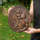 St. Christopher Wood Carving Plaque Traveler's Patron Saint Statue Wood Sculpture Christian Holy Sign Home Wall Decor