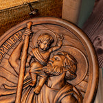 St. Christopher Wood Carving Plaque Traveler's Patron Saint Statue Wood Sculpture Christian Holy Sign Home Wall Decor