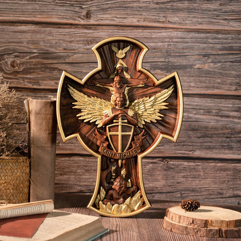 Trinity with Archangel Dragon Slaying Cross God Praying Cross Room Church Christian Wall Art Hand Carved Crafts