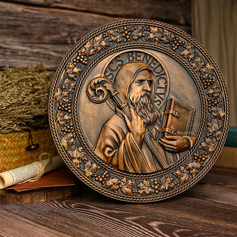 Vintage St. Benedict disc beech wood carving gift Christian Catholic church icon monastery temple decoration ornaments