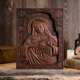 Virgin Mary Sacred Heart Wood Sculpture, Perfect Heart, Catholic Saint Image, Religious Church, Christian Gift, Home Decoration