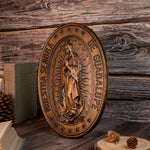 Virgin Mary of Guadalupe statue, oval wood carving ornament, home wall art decoration, catholic religious figure, christian gift