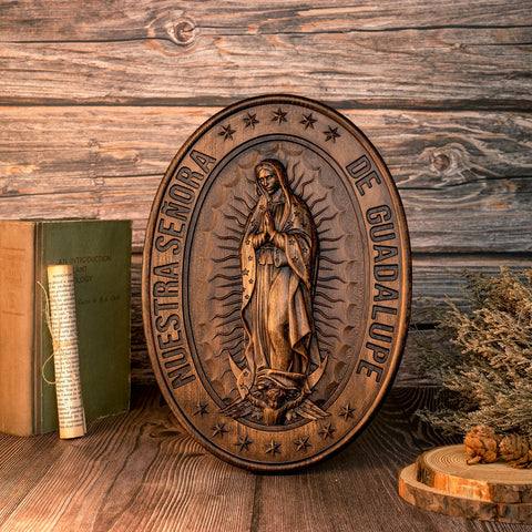 Virgin Mary of Guadalupe statue, oval wood carving ornament, home wall art decoration, catholic religious figure, christian gift