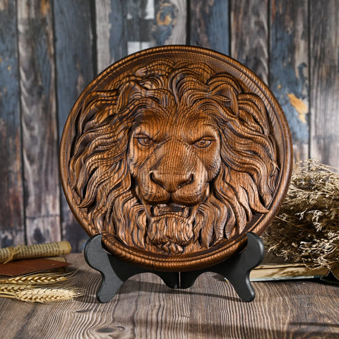 Wood Carved Lion Head Wall Art Animal Carving Crafts Wall Hanging Plaque Retro Style Home Decor  animal carving