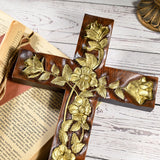 Wooden carved rose cross decorative art, wooden cross hanging on wall, religious wall decoration, inspirational minimalism