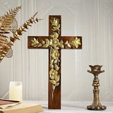 Wooden carved rose cross decorative art, wooden cross hanging on wall, religious wall decoration, inspirational minimalism