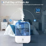 4.5L Cool Mist Humidifier, Ultrasonic Air Humidifiers for Bedroom Babies Home, Large Top Fill Desk Humidifiers with Three Mist Modes, 360° Nozzle, Auto Shut-Off, Lasts up to 30 Hours, Super Quiet