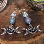 Triple Moon Pentagram Earrings - Pagan Jewelry, Triple Goddess, Wicca, Heathen, Elemental, Full Moon, Moon Jewelry, Moon Earring