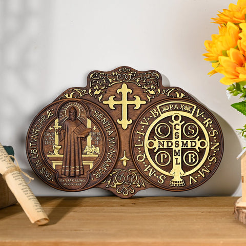 saint benedict medal , exorcism plaque, Catholic saint image, religious baptism, wood carving wall decoration gift