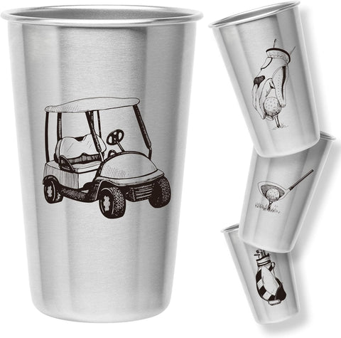 Golf Tumblers - Stainless Steel (Set of 4) - 16Oz Capacity - Unique Gift for Dads, Men, and Prize for Golfers. Designs Include Golf Cart, Glove/Tee, Driver, and Golfing Bag.