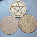 15cm Wood Round Altar Tile/Pad with viking compass ,Pentagram witchcraft supplies Divination mat wicca props Ornaments