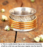 925 Sterling Silver Spinner Ring for Women with 4 Brass Fidget Rings Chunky Wide Band