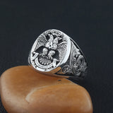 Masonic Scottish Rite 33 Degree Double Head Eagle Phoenix Hand Engraved Sterling Silver Ring