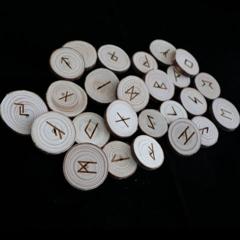 25Pcs Natural Wood Runes Stones Wood Chakras Mysticism supplies for Divination Rune Kit  Round Altar Occultism Props Pendant Tarot &Divination