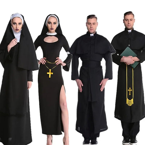Nun Sister Habit Costume Father Priest Bishop Costume Christian Pastor Cosplay Halloween Carnival Religious Fancy Party Dress Up