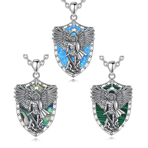 Divine Protection: Sterling Silver Archangel Michael Necklace with Abalone Shell & Malachite Amule