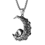 Gothic Retro Moon Crescent Skull Stainless Steel Pendant Necklace 22+2 Inch Chain