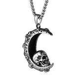 Gothic Retro Moon Crescent Skull Stainless Steel Pendant Necklace 22+2 Inch Chain