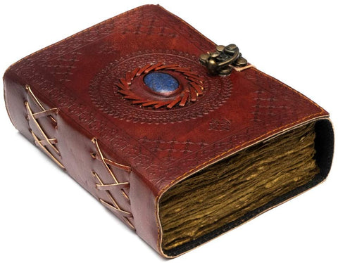 Witchcraft~Vintage Leather Journal with Semi Precious Stone - Lock Closure, 240 pages Antique Deckle Edge Paper - Book of Shadows, Grimoire Journal, Witch Journal for Men and Women - 7" x 5"