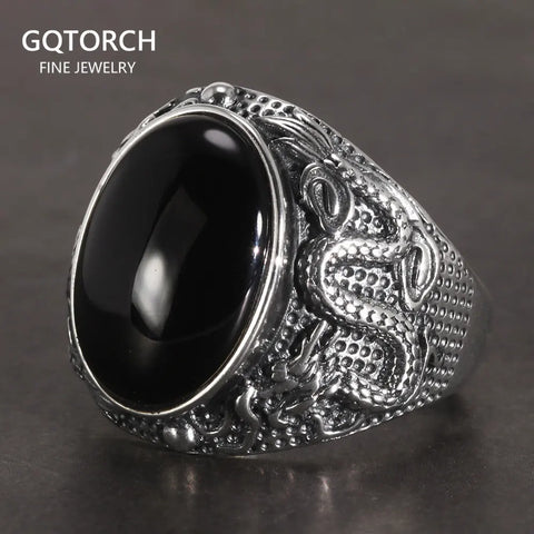 Natural Black Onyx Dragon Engraved Retro Vintage Men's Rings Adjustable