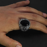 Natural Black Onyx Dragon Engraved Retro Vintage Men's Rings Adjustable