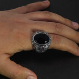 Natural Black Onyx Dragon Engraved Retro Vintage Men's Rings Adjustable