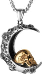 Gothic Retro Moon Crescent Skull Stainless Steel Pendant Necklace 22+2 Inch Chain