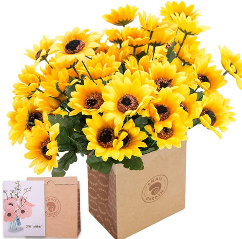 Witchcraft~SNAIL GARDEN Artificial Sunflower, 6 Bunches Silk Sunflowers Bouquet-7 Heads 3" Real Looking Fake Helianthus Per Pack with Green Leaves for Home Office Wedding Garden Party Decoration