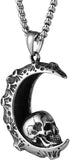 Gothic Retro Moon Crescent Skull Stainless Steel Pendant Necklace 22+2 Inch Chain