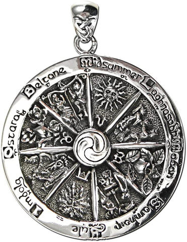 Magicun Altar~Sterling Silver Pagan Wheel of the Year Sabbat Pendant; 1.75 Inch Diameter