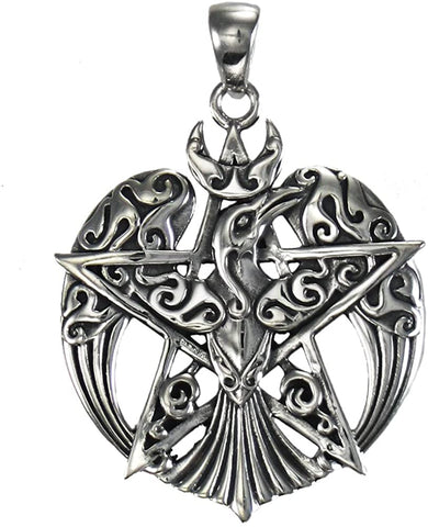 Magicun Altar~Sterling Silver Large Crescent Raven Pentacle Pentagram Pendant; 1.25 Inch Diameter