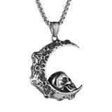 Gothic Retro Moon Crescent Skull Stainless Steel Pendant Necklace 22+2 Inch Chain