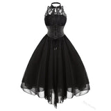 Women Gothic Punk Vintage Party Dresses Sleeveless Cross Back Lace Patchwork Halter Lace Up Court Corset Swing Dress