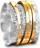 925 Sterling Silver Spinner Ring for Women with 4 Brass Fidget Rings Chunky Wide Band