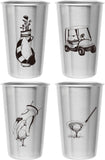 Golf Tumblers - Stainless Steel (Set of 4) - 16Oz Capacity - Unique Gift for Dads, Men, and Prize for Golfers. Designs Include Golf Cart, Glove/Tee, Driver, and Golfing Bag.