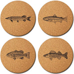 Fish Coasters (Set of 4) - Sustainable Absorbent Cork - Unique Gift for Guys - Car Coasters for Bass Fishermen, Freshwater, Saltwater, Coastal Decor, a Birthday Gift for Men - Fun Drink Mats