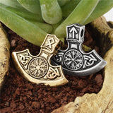 New Magicun Viking~Aegishjalmur Vegvisir Axe Pendant Necklace Ethnic Axe Rune Pendant Necklace Double Side Viking