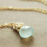 Aquamarine Blue March Birthstone Necklace, Seafoam Gemstone Pendant Necklace, Aqua Chalcedony Seed Pearl Necklace