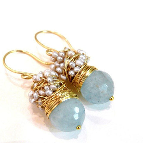 Aquamarine earrings with big faceted aquamarine and silver pearls earrings